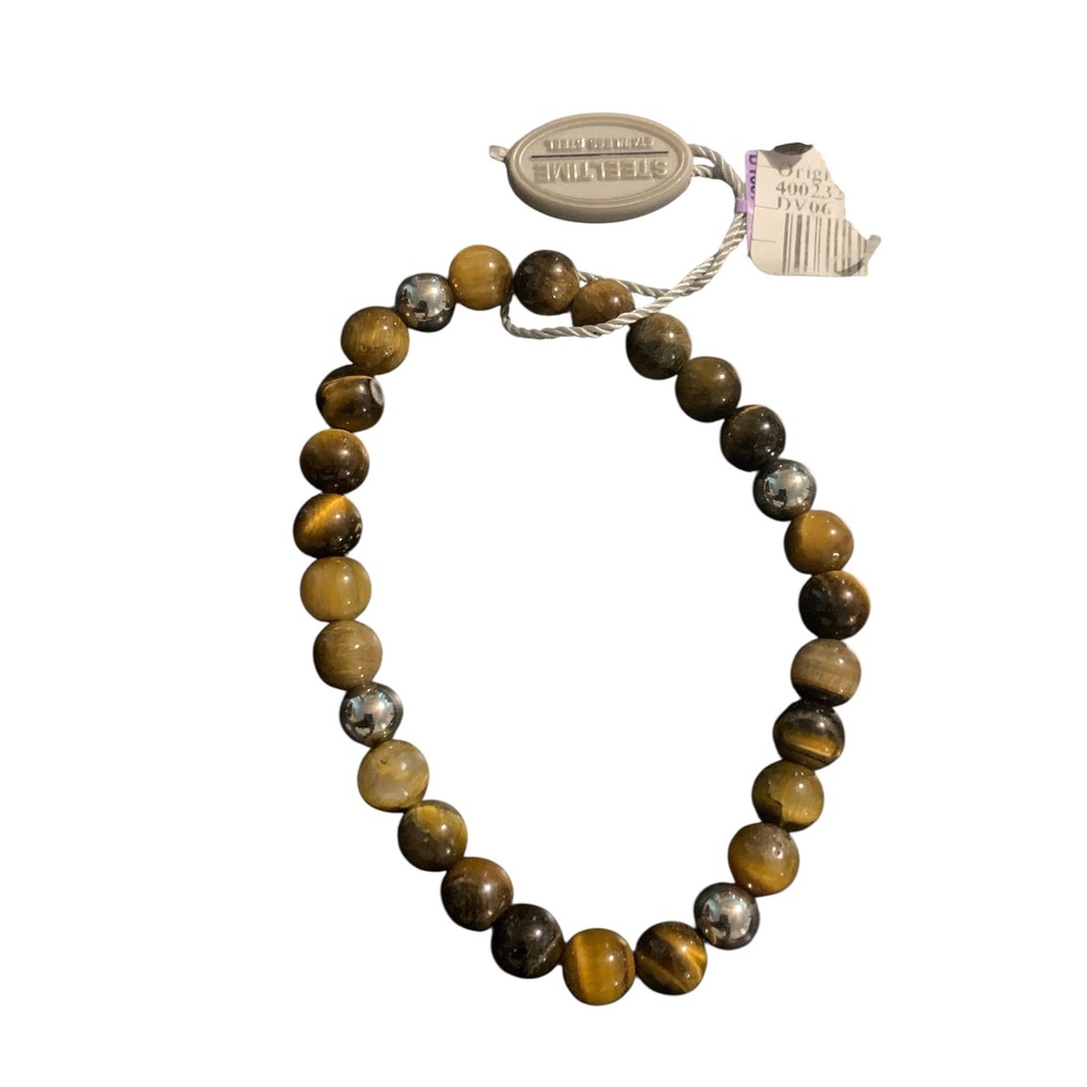 NWT Steeltime Tiger Eye and Stainless Steel Beaded Stretch Bracelet Brown Silver